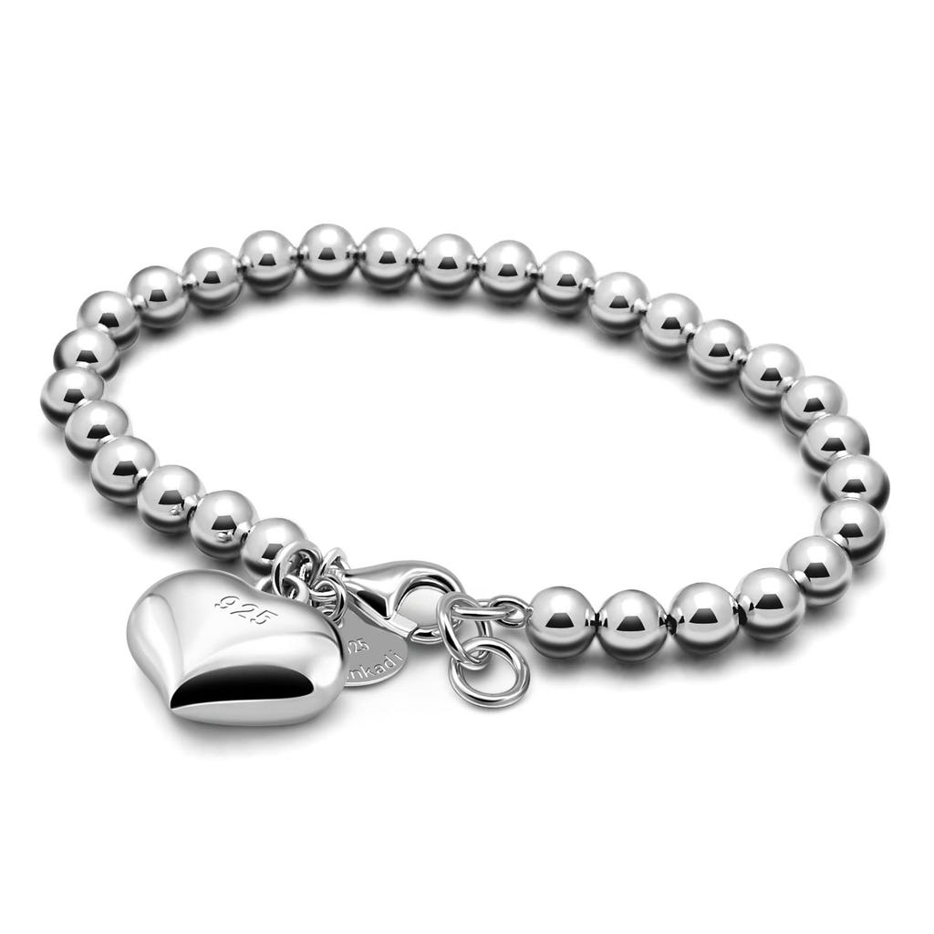 Fashion Women 925 Pure Silver Bangles Sterling Silver Round Beads Bracelet Minimalist Bell and Heart Pendant Prayer Beads Link Chain Bracelet for Men