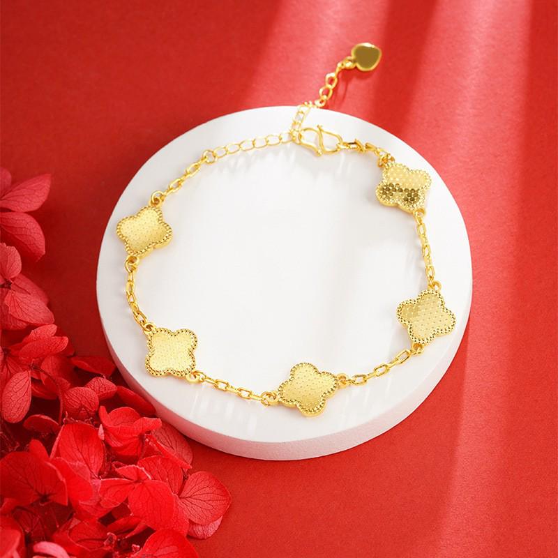 Vietnam Gold-Plated Clover Necklace, Ring & Five-Flower Bracelet Set