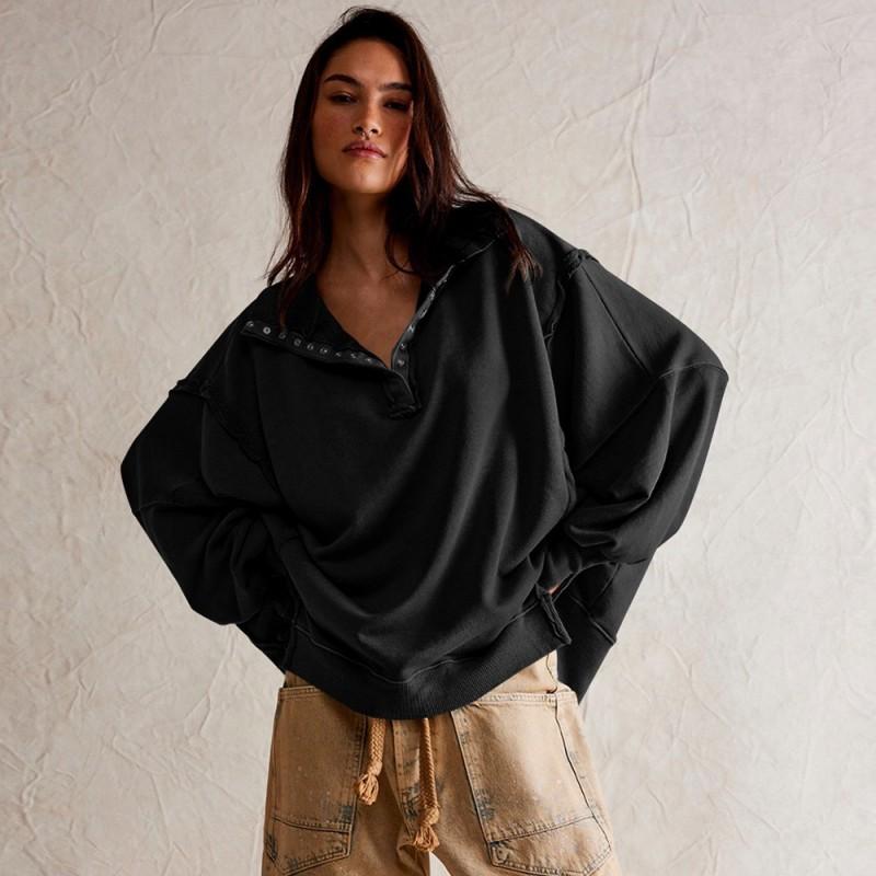 Damen Übergroßer Hoodie mit Puffärmeln und Polokragen, geteilter Saum, Streetwear Top
