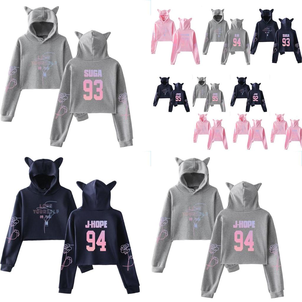 Kpop Unisex Bts  jung Kook Jimin 95 97 Hoodie Sweatshirt Cat Ears Tops Crop