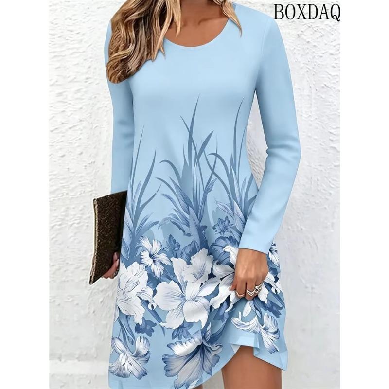 New Autumn Women's Fashionable Dresses Long Sleeved Round Neck Floral Print Loose Home Casual Dress