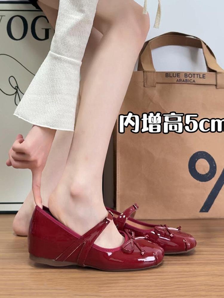 Sheepskin Version~ Genuine Leather Small Man Inner Height Increase 5cm Red Mary Jane Shoes Women's Bow Light Mouth Ballet Shoes Single Shoes