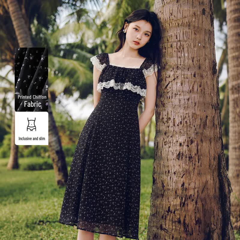Elegant Lace Square Neck Floral Midi Dress S