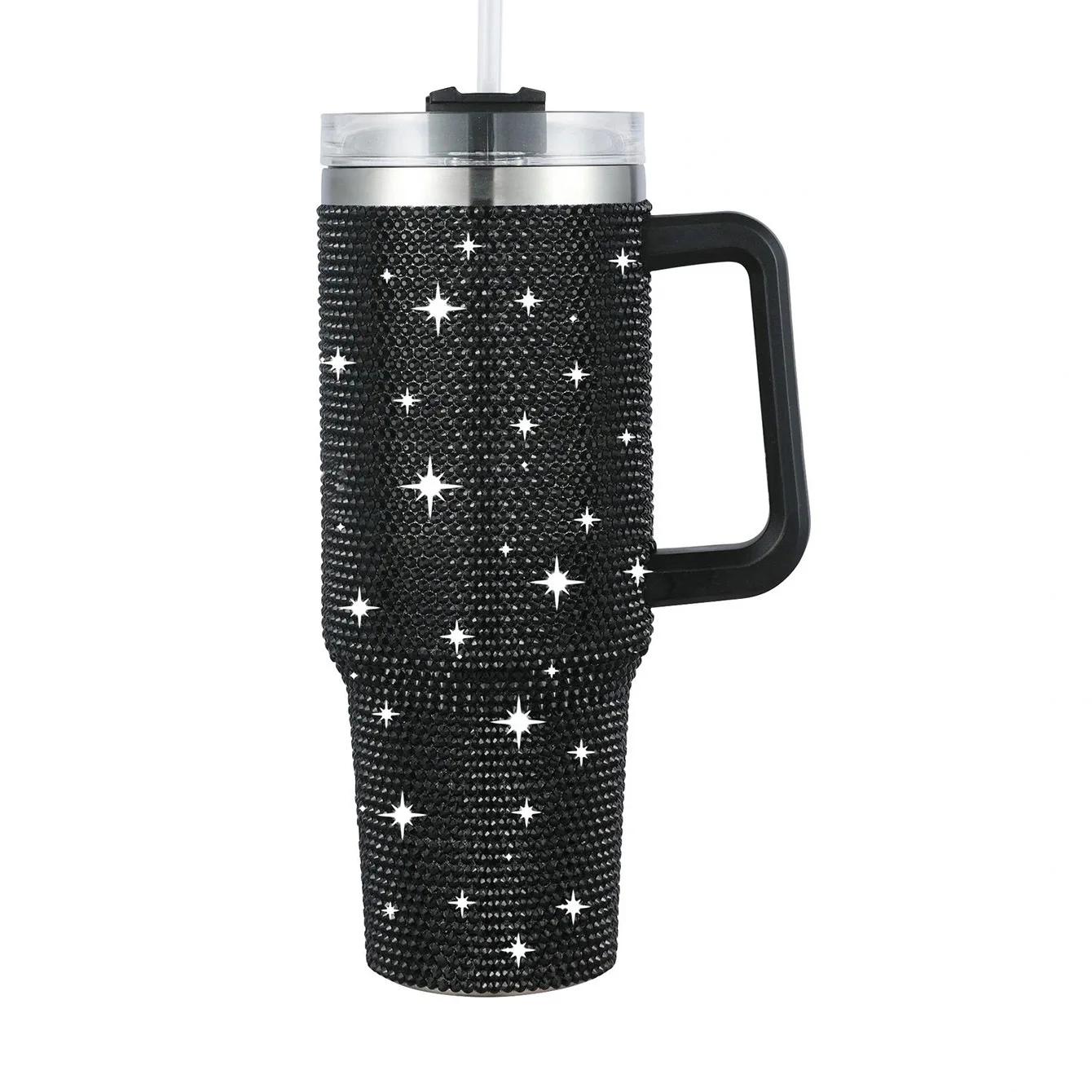 40oz Rhinestone Stainless Steel Thermoses Shiny Double Wall Vacuum Insulated Tumbler Travel Car Vacuum Flask Home Drinkware 1200ml 40Oz чёрный