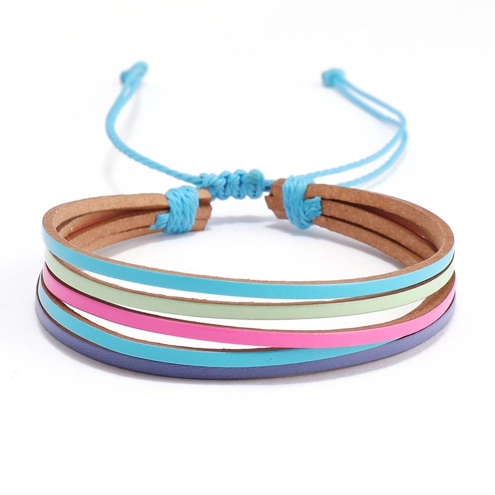 Colorful Leather Multi-strand Bracelet Handmade Bohemian Style Bracelet For Women Unique Geometric Design