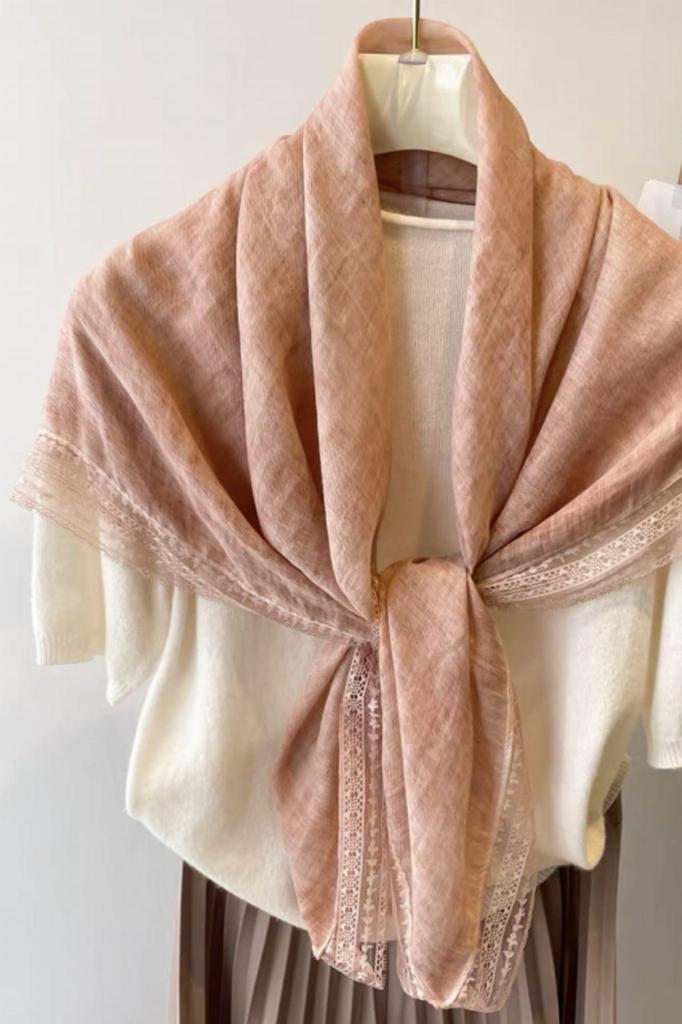 Powder Pink Shawl with Lace - 100X100 , Premium Cotton