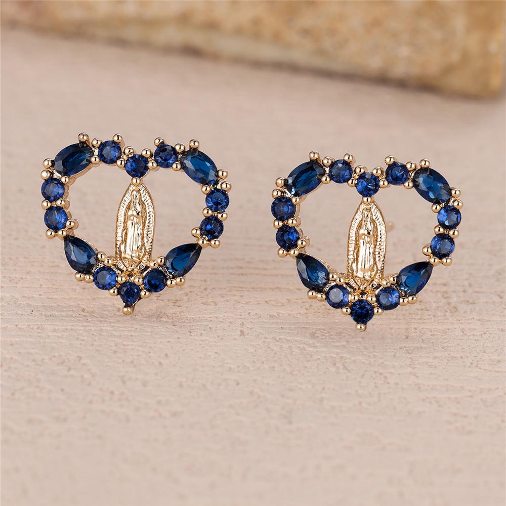 Cute Female Stone Pink Blue Zircon Love Heart Stud Earrings Gold Color Wedding Jewelry For Women