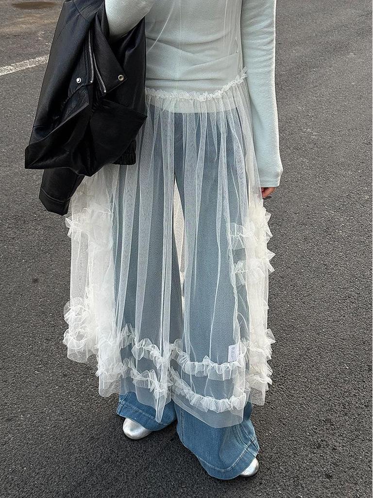LUXI Korean Sweet Mesh See-Through Camisole Dress with Layered Blouse & Lace Long Skirt