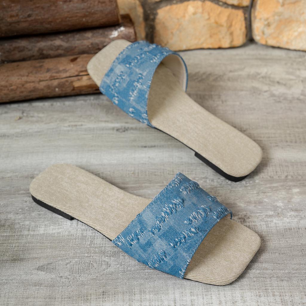 Fashion Women Denim Slippers Flat Peep Toe Shoes Ladies Casual Beach Slippers Flat Luxury Sandals Home  Slides Women Zapatos De Mujer