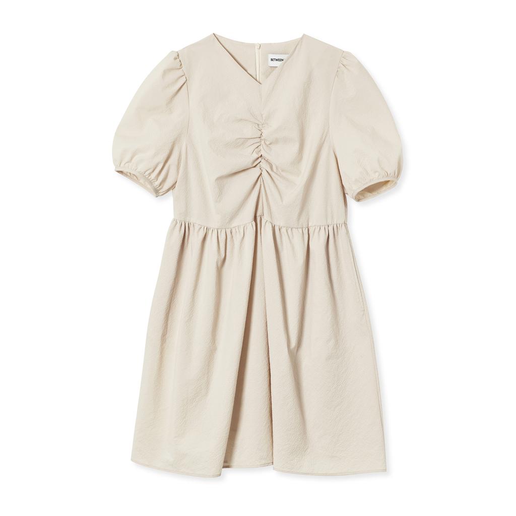 BETWEEN A AND B V-Neck Shirred Mini Dress [Beige]