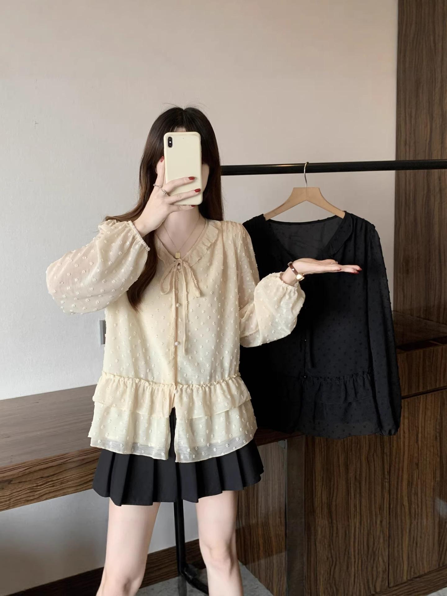 Spring 2026 Women s Plus Size Ruffled Lace-Up Long Sleeve Shirt - French Style XXXL