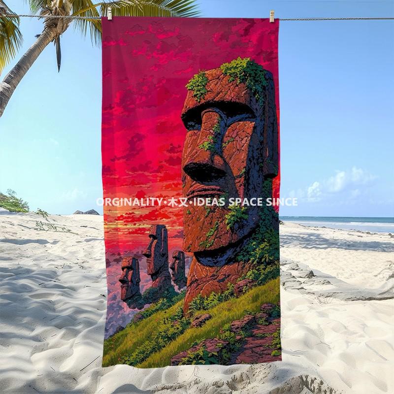 Moai Statue Tropical Sunset Beach Towel Patterned Sunscreen And Windproof Suitable For Swimming Pool Camping Travel
