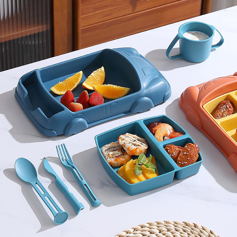 6-Piece Children's Wheat Tableware Set – Baby Plate, Knife, Fork, Spoon, Cup & Divided Cartoon Plate