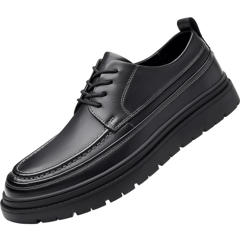 Autumn and Winter New Fashion Trend Big Head Leather Shoes Soft Sole Soft Surface Men's Casual Versatile Thick Sole Heightening Real Cow Leather Shoes