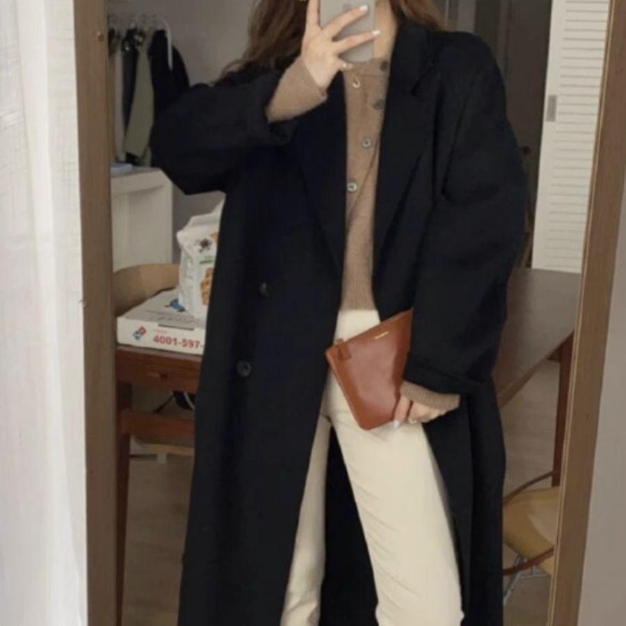 

Women s Long Wool Coat Autumn/Winter Loose Double-Breasted Blazer Jacket L чёрный