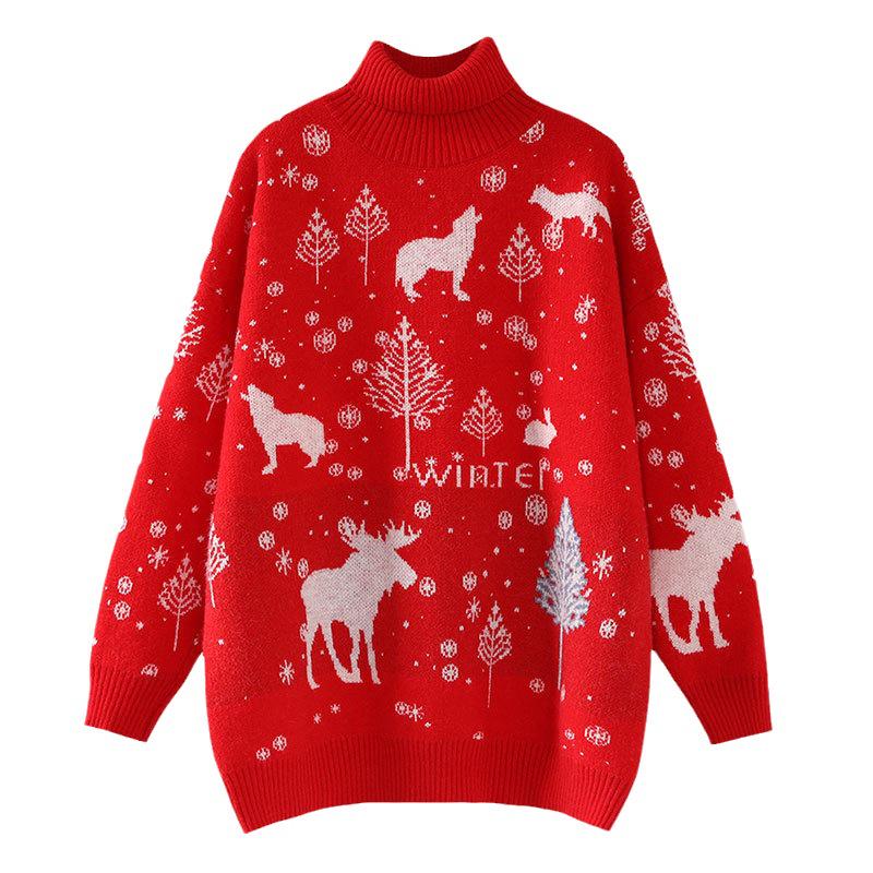 Women's Retro Hong Kong Style High Neck Sweater - Autumn/Winter Loose Fit, Thick and Cozy Christmas Design