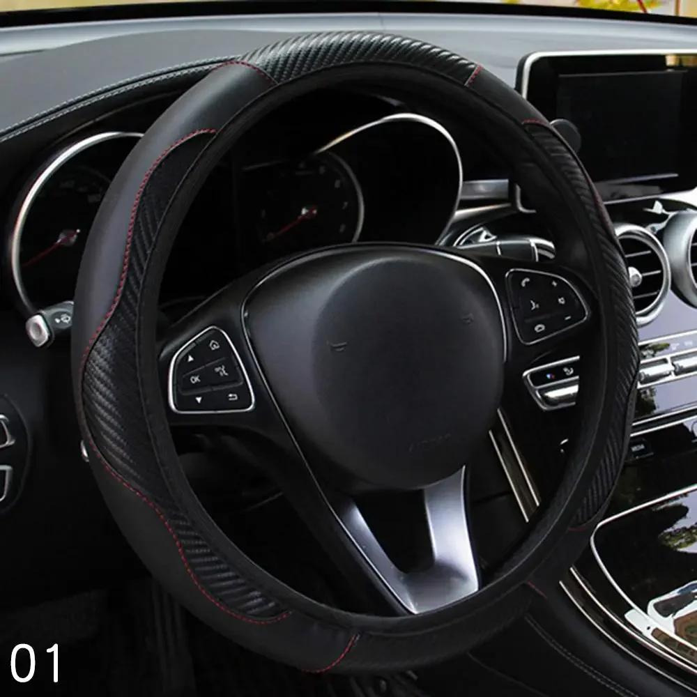 Universal Car Steering Wheel Cover Breathable Anti Slip PU Leather Steering Covers Suitable 37-38cm Auto Decoration Carbon Fiber