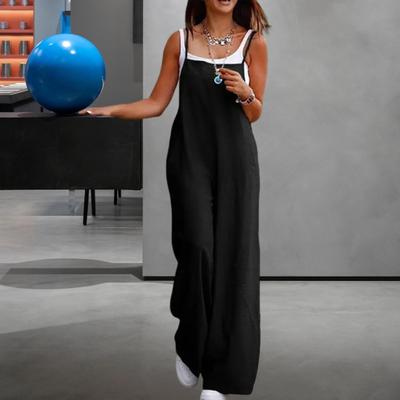 Lady Jumpsuit Collarless Spaghetti Strap Backless Sleeveless Loose Wide Leg Full Length Overalls Casual Daily Wear Outfit
