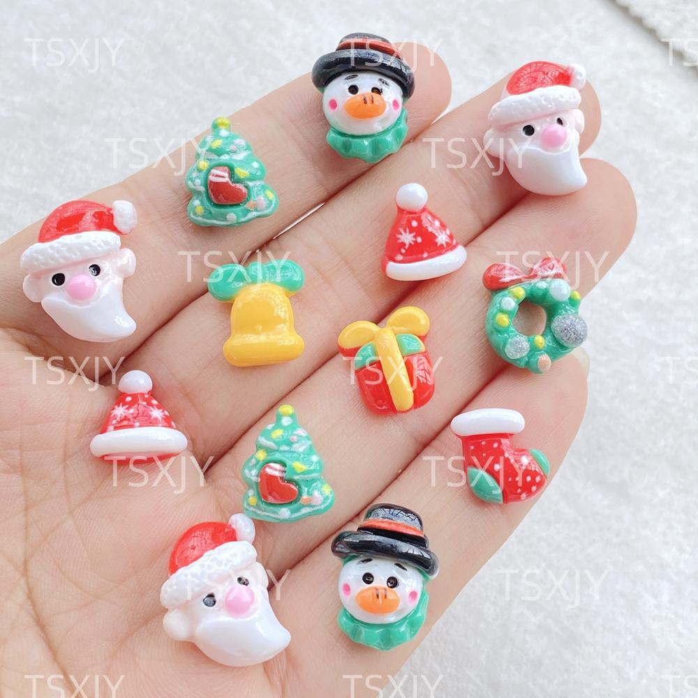 20pcs Resin Kawaii Colorful Mini Santa Trees Elk Snowman Bells Flatback Cartoon Christmas Figurine Scrapbook DIY Decor Crafts