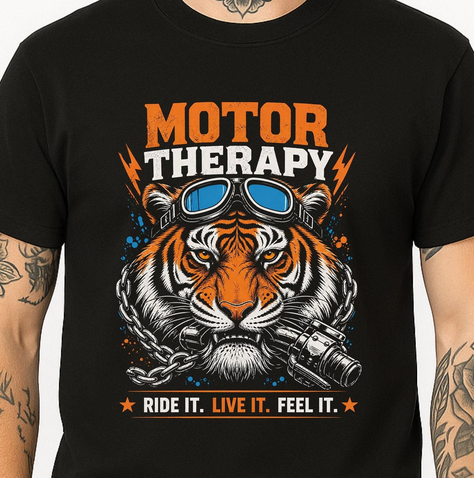 Tiger Biker T-Shirt Motor Therapy Motorcycle Goggles Rider Chain Graphic Tee. S