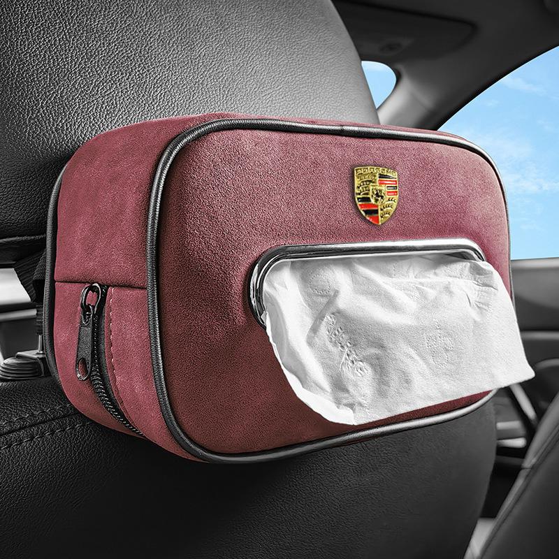 Bilinteriör Papperslåda Mocka Solskyddssits Rygg Hängande Väska För Porsche Cayenne Panamera Macan 911 718 918 Taycan Boxster