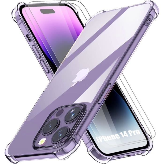 Silicone Case - Shockproof - for iPhone 14 Pro - Transparent - 2 Tempered Glasses - Scratch Protection