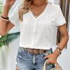 Summer Women White Lace Panel V Neck Short Sleeve Loose Blouse Shirt