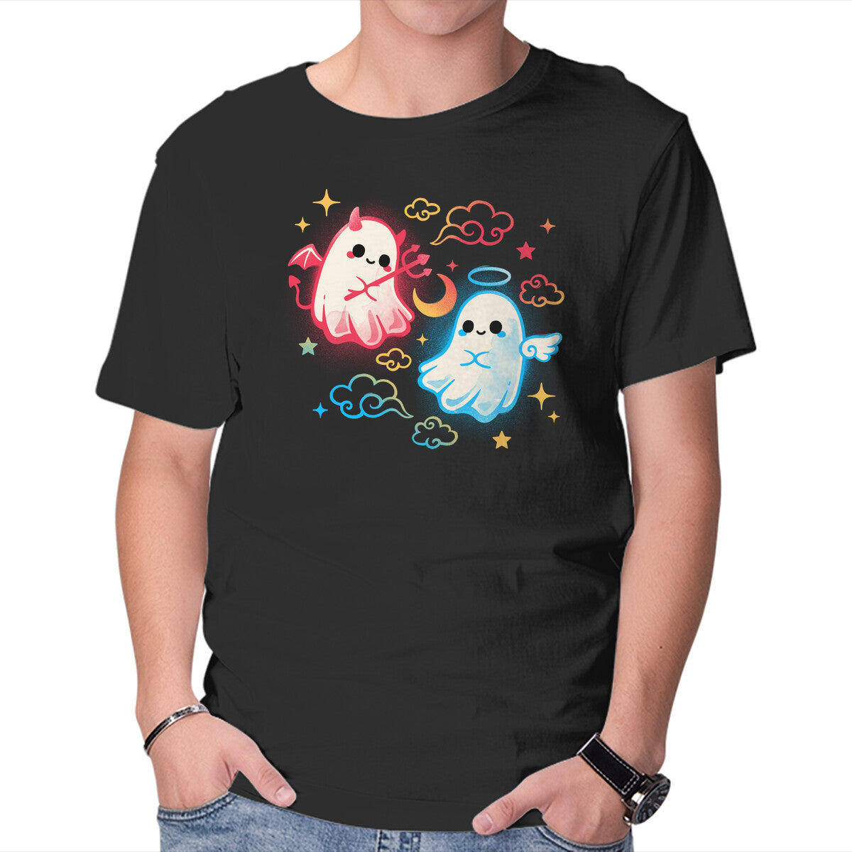 Unisex Crew Neck T-Shirt Angel Devil Ghosts Graphic Short Sleeve Casual Tee S