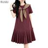 ZANZEA Women Casual Plaid Splice Round Neck Summer Short Sleeve Dress