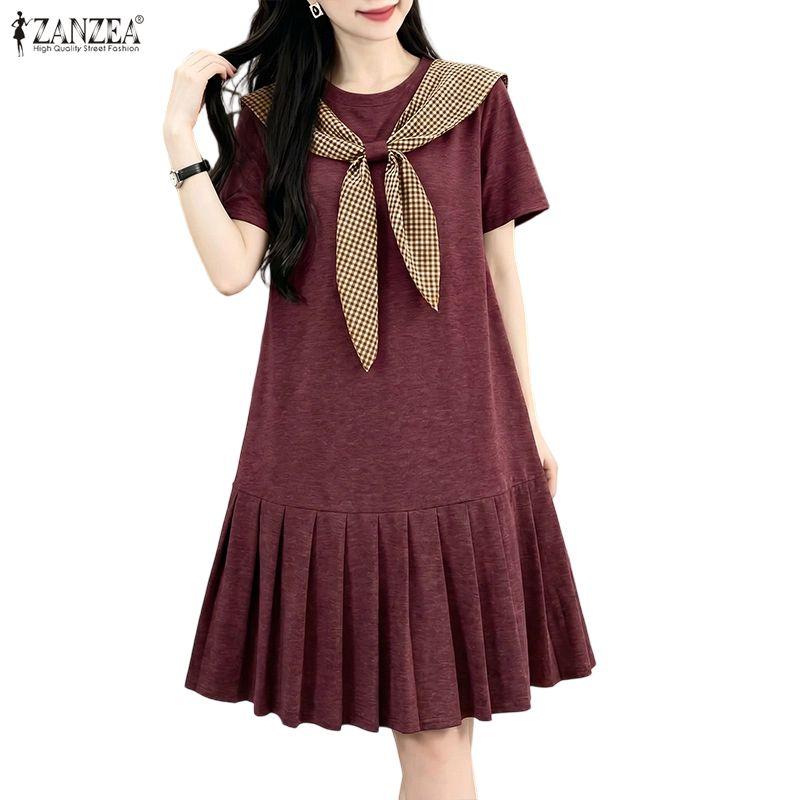 ZANZEA Women Casual Plaid Splice Round Neck Summer Short Sleeve Dress