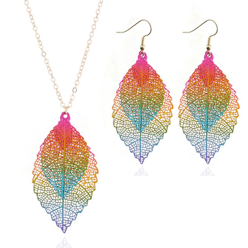 

Colorful Double Leaf Zircon Sets for Women Hollow Geometric Delicate Vintage Boho Long Necklace Pendant Drop Dangle Earrings