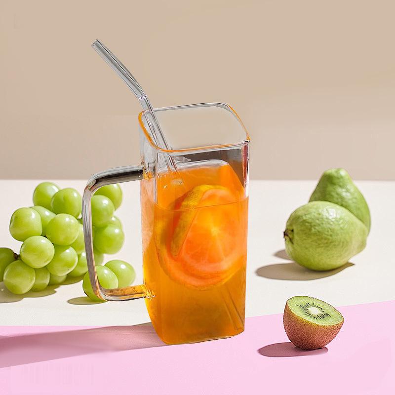 Glass Water Cup Milk Cup Tea Cup Breakfast Beverage Cup High Borosilicate Square Color Handle Glass Water Cup