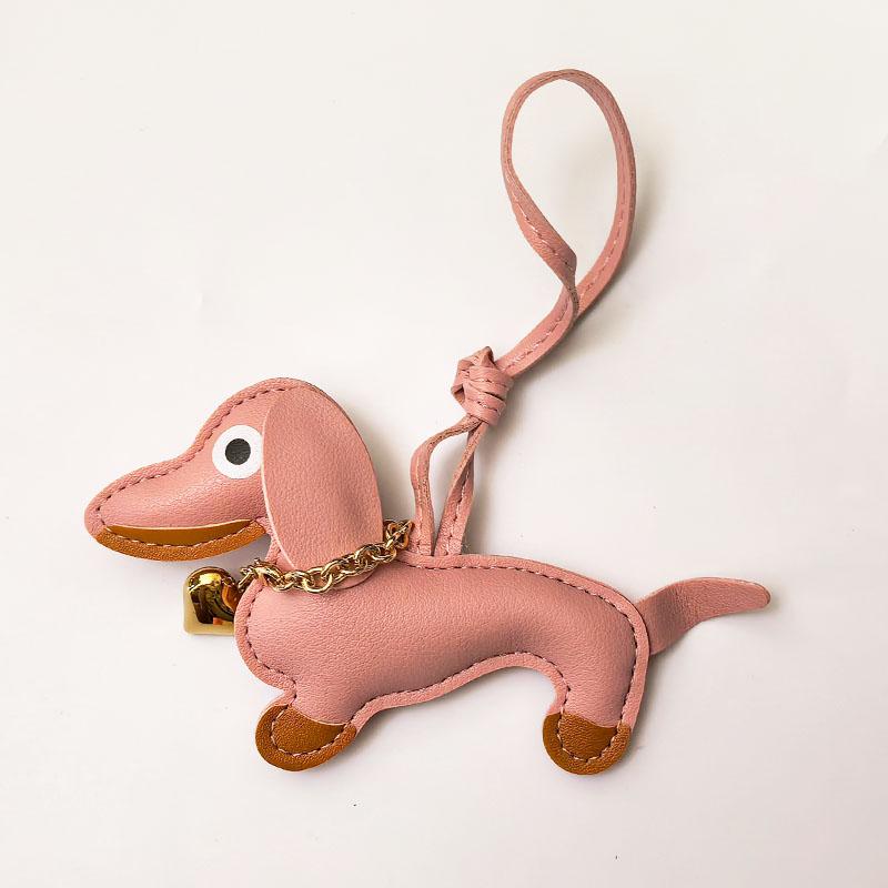 Pu Leather Stuffed Dachshund With Collar of Gold Heart Shape Pendent WIth Long Strap Puppy Pendent for Bag Charms Accessories