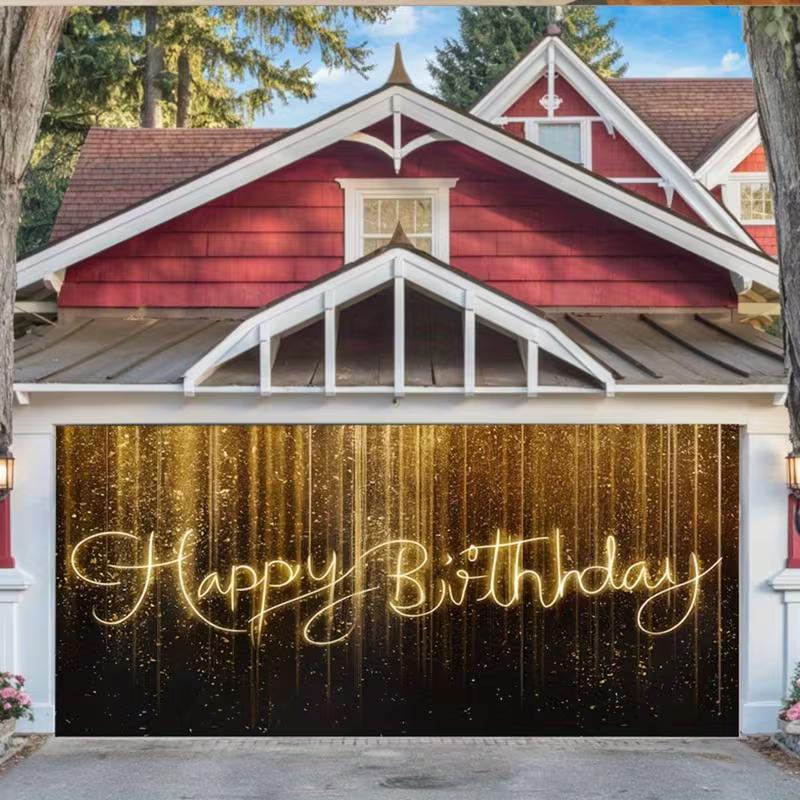 2D Printing Black Gold Glitter Backdrop, Neon Happy Birthday Party Background Cloth
