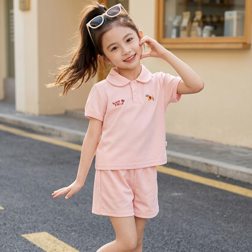 Girls' Short-sleeved T-shirt Set For Summer Children's Casual Embroidered Polo Shirt Set