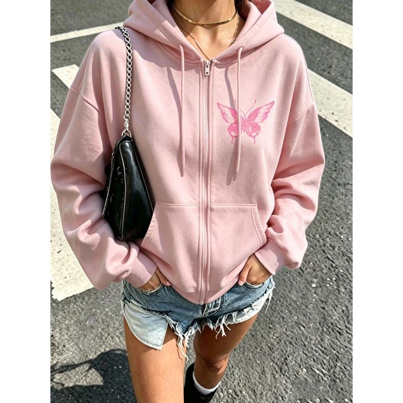 Women Zip Up Hoodie Butterfly Long Sleeve Drawstring Hooded Sweatshirt Loose Streetwear Ladies Fall Winter Warm Outerwear Jacket