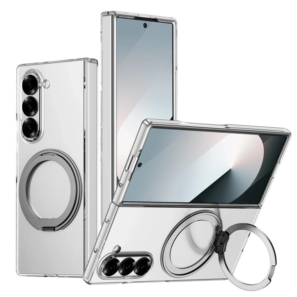 Transparent 360° Rotating Magnetic Holder Phone Case for Samsung Galaxy Z Fold 7 6 5 4 3 Wireless Charging Hard Shockproof Cover