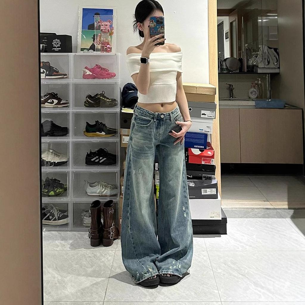 Women's Large Size Blue Abraded Micro-labelled Denim Trousers Straight Loose Pear Shaped Flesh Covering Wide Legged Dragging Floor Trousers