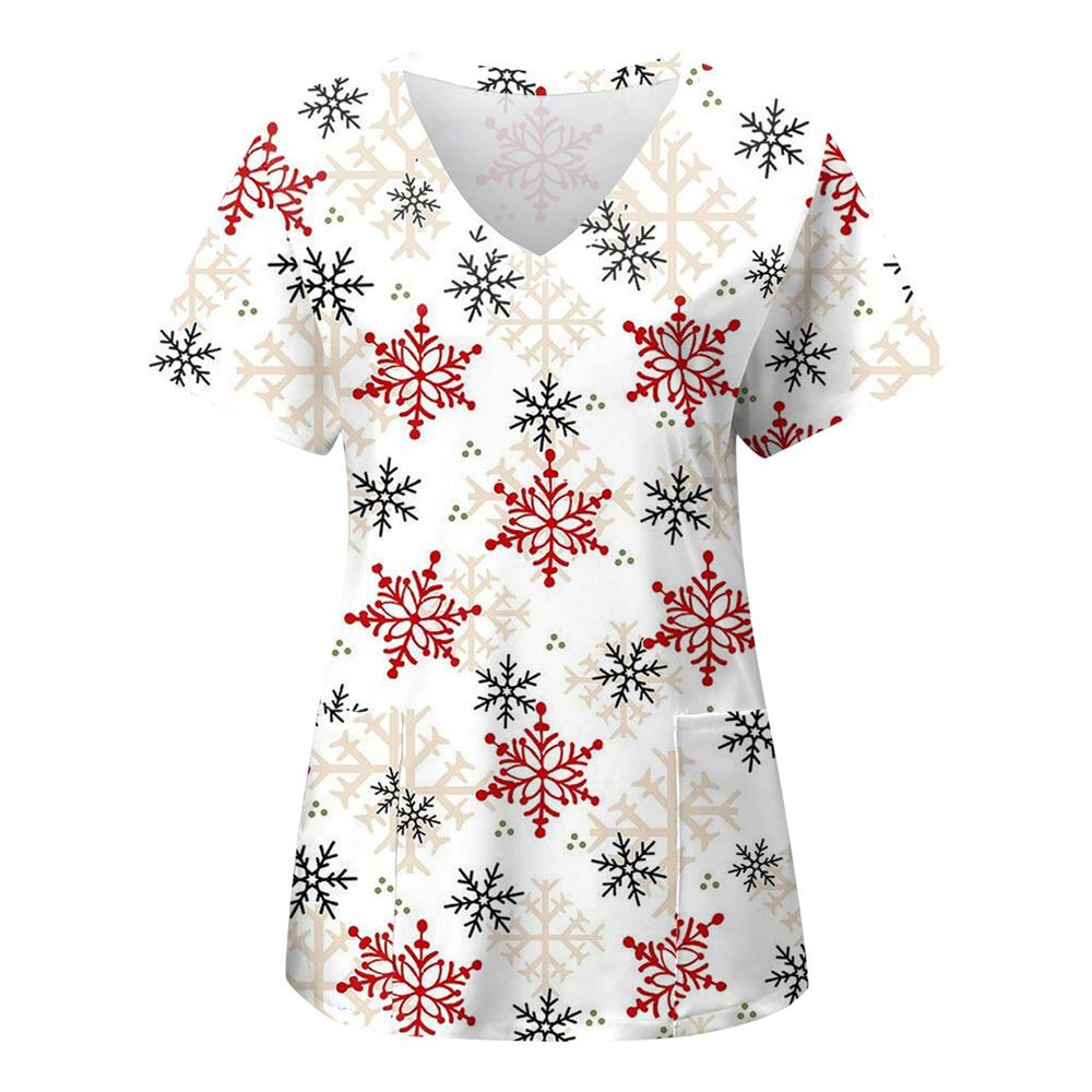 Chirurgische Uniformen Feiertage Weihnachten Drucke Stil Taschendesign Chirurgisches Kostüm Frau V-Ausschnitt Kurzarm Krankenschwester Medizinische Uniform