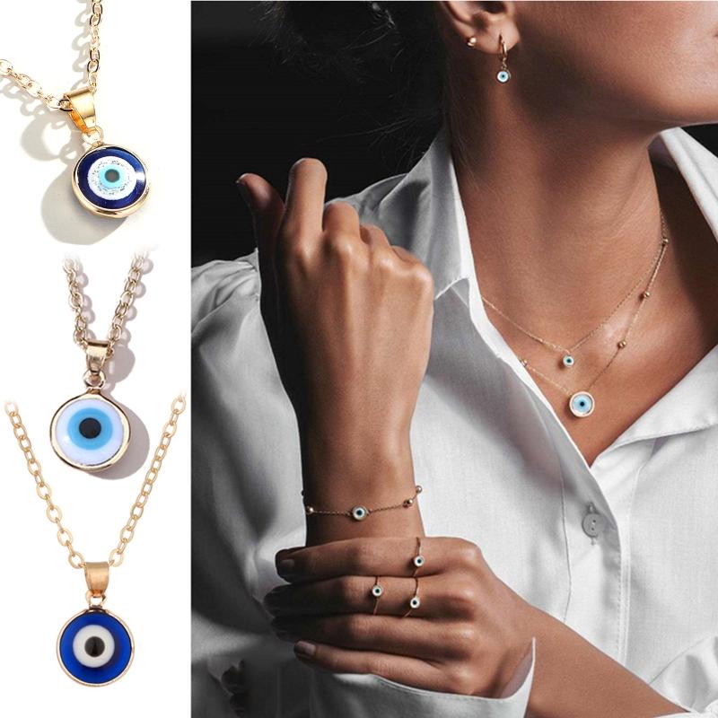Trendy Demon Eye Necklace European and American Golden Chain Turkey Blue Eye Round Drop Shape Necklace for Women