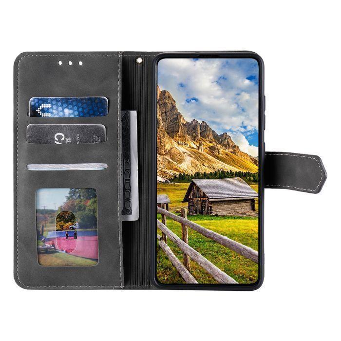 Étui portefeuille pour Samsung Galaxy A57 (5G) - Coque rabat - Cuir synthétique - Support intégré - 3 fentes cartes - Gris