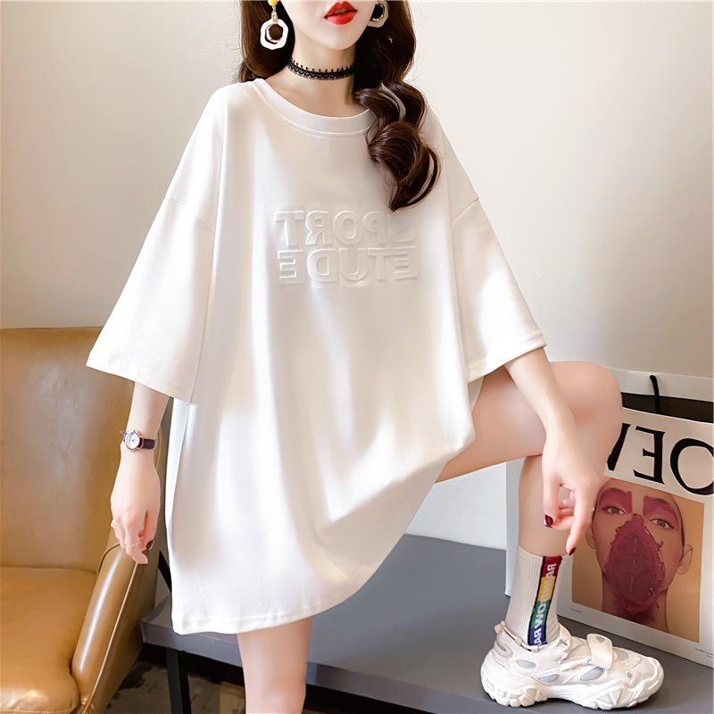 Women's European-Style Oversized 3D Letter T-Shirt with Round Neck & Half Sleeves for Summer 2026