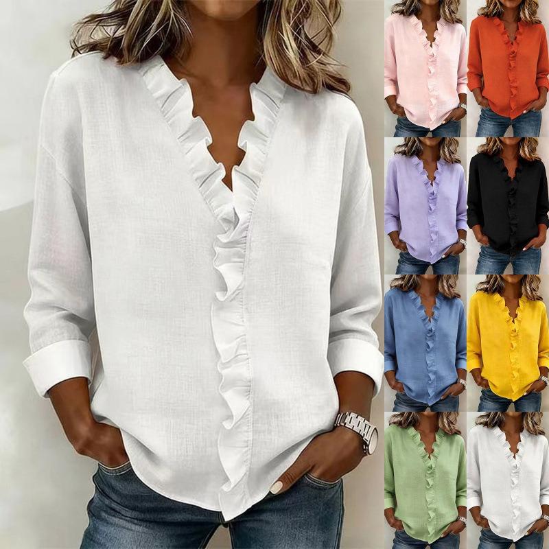 Blusa de Mujer de Aspecto Lino Manga 3/4 Casual Cuello en V Adorno de Volantes Camisa de Botones