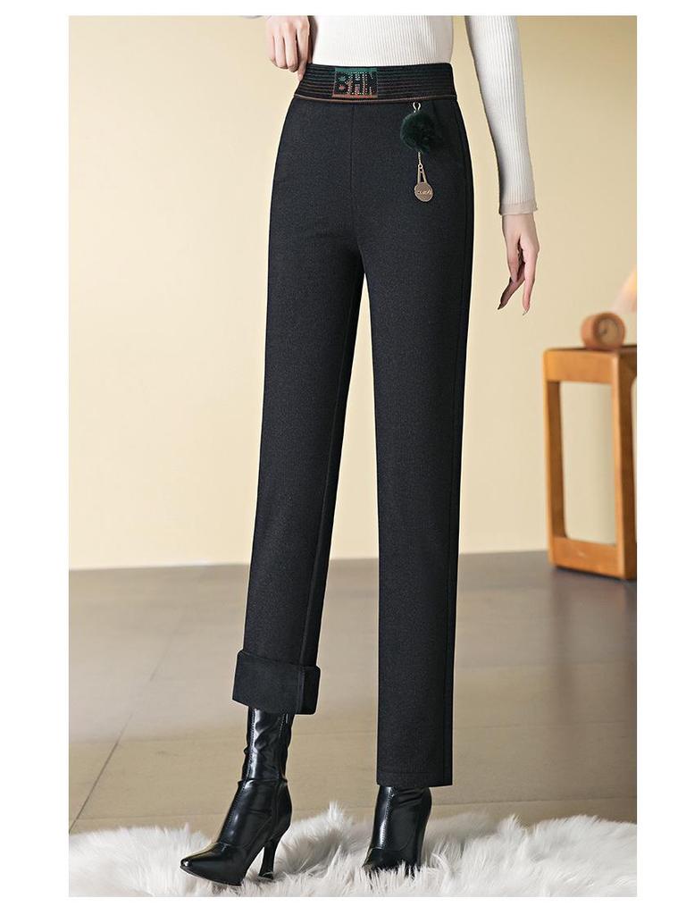 Damen Fleecegefütterte Baguette-Hose: Lässig, Elastischer hoher Bund, Übergröße, Warmes gerades Bein für Herbst/Winter