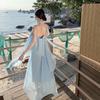 Travel Wear Seaside Vacation Beach Suit Skirt French Temperament Blue Chiffon Slanted Shoulder Top Two-piece Set
