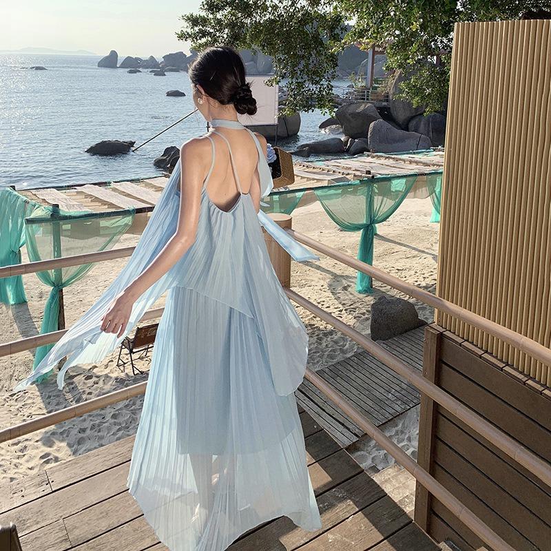 Travel Wear Seaside Vacation Beach Suit Skirt French Temperament Blue Chiffon Slanted Shoulder Top Two-piece Set