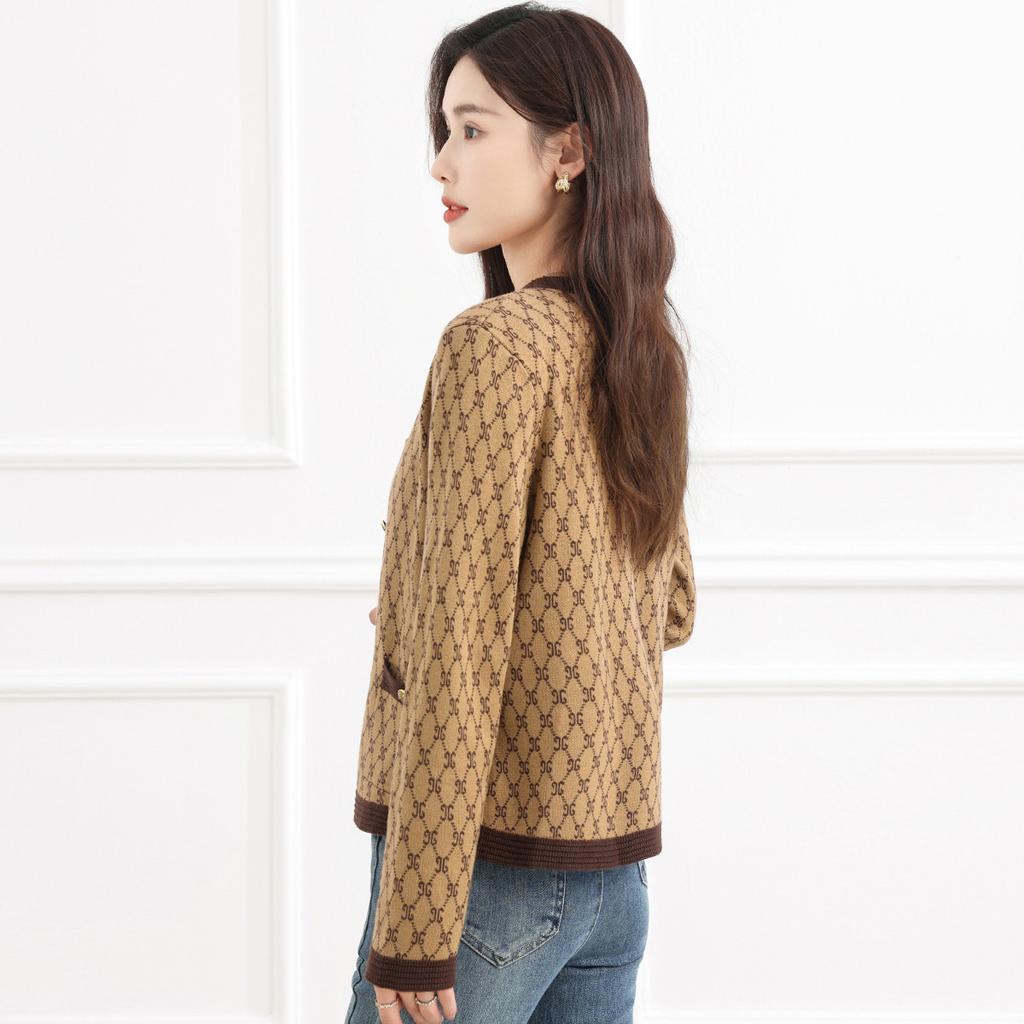 Knitted Sweater V-neck Contrasting Color Jacquard Women's Cardigan