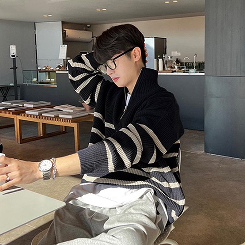 Men’s Trendy Loose Knit Striped Sweater - Japanese & Korean Style, Autumn/Winter Pullover