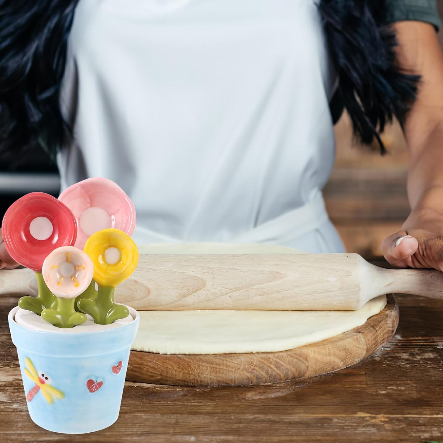 

Kichvoe 1 набор Керамическая мерная ложка с цветочным дизайном и подставкой Милый кухонный гаджет для измерения сухих и жидких ингредиентов для сухого молока