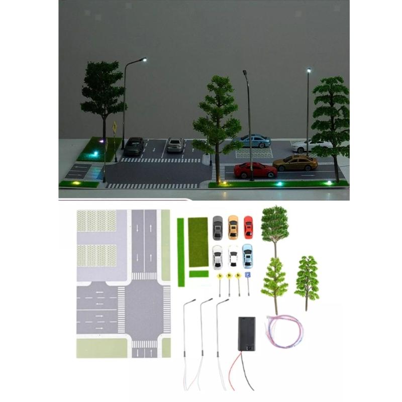 LED Lighting Car Parking Lot Model Miniature Tree,1:87 Scale City Road Scene Model Kits Sand Table Scene Building Model